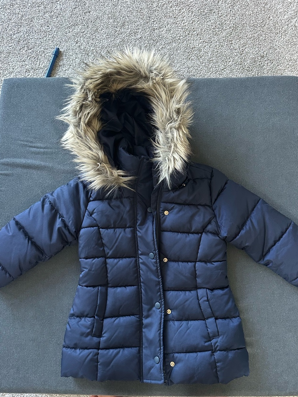 H&M Girls Navy Blue Puffer Winter Coat Faux Fur Hood 5-6Y